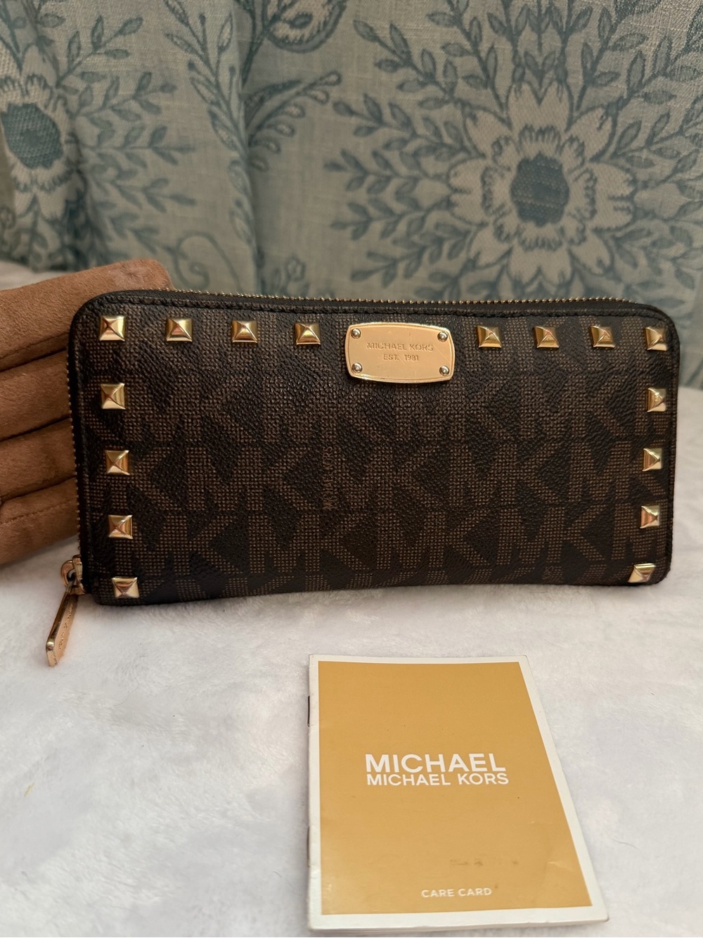 Michael Kors Brown and Gold Logo Zip Wallet with Stud Trim